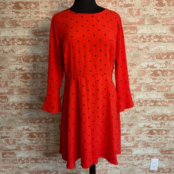 Old Navy Red Black Polka Dot Dress Womens Size Large L Long Bell Sleeve Casual - Picture 1 of 8